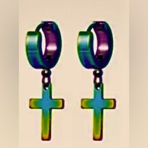 NWT Iridescent Rainbow Stainless Steel Cross Earrings Unisex Bright Blue Purple